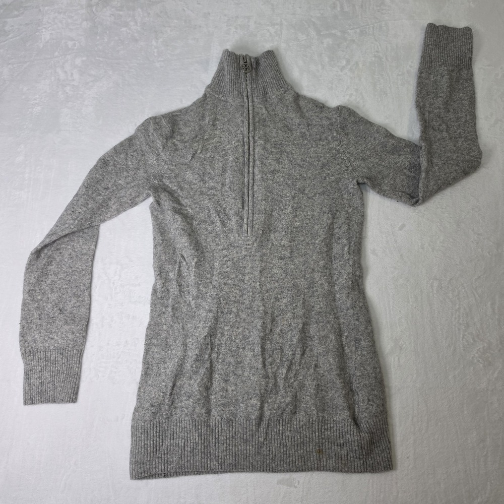 Womens M Tory Burch Quarter Zip Lightweight Grey Pullover Sweater Cashmere Wool